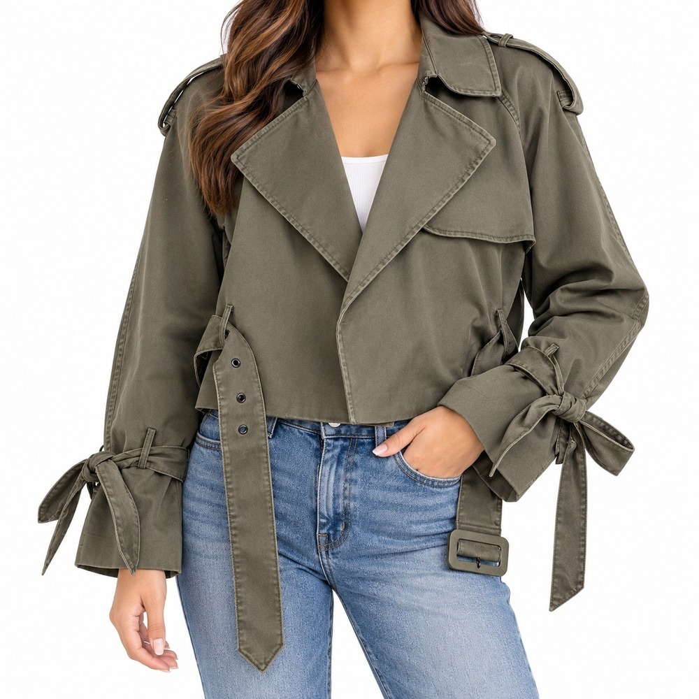 Anine Bing Cropped Trench Jacket Belted Utility Military Womens XS Green Edgy